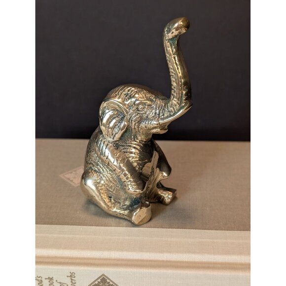 Brass Elephant Figurine Raised Trunk Decorative Accent For Shelf Or Desk 3.5" - Picture 1 of 8